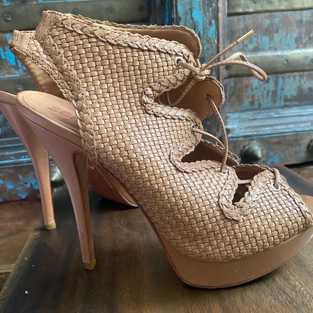 Schutz Tan basket-weave gladiator heels